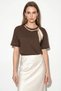 Women's Gold Printed Oversize T-Shirt with Chain and Scarf Detail, Bitter Brown