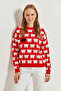 Women's Sheep Patterned Knitwear Red and White Sweater