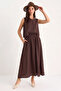 Women's Thick Strap Blouse Elastic Waist Skirt Modal Brown Set - 5
