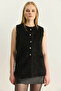 Women's Soft Textured Bearded Button Detailed Lined Black Vest