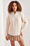 Women's Turtleneck Zippered Patterned Knitwear Ecru Sweater - 4