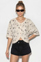 Women's Floral Embroidered Garnished Linen Beige Black Blouse with Piping Detail - 4