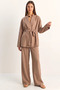 Women's Belted Kimono with Elastic Waist, Pocket Detail, Loose Palazzo Modal Milk Coffee Set - 4