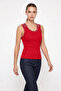 Women's Stone Embellished Crew Neck Thick Strap Ribbed Red Blouse - 3