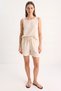 Women's Thick Strap Blouse with Elastic Waist and Pocket Detail Shorts Muslin Beige Set - 7