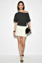 Women's Polka Dot Patterned Asymmetrical Cut Fitted Waist Bat Sleeve Black and White Blouse - 3