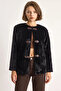 Women's Leather Buckle Detailed Lined Wool Textured Black Coat