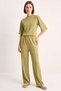 Women's Ribbed Half Sleeve T-Shirt with Elastic Collar and Wide Leg Pants in Pistachio Green Set - 4