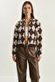 Women's Diamond Patterned Collared Zippered Knitwear Brown Ecru Cardigan
