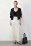 Women's Elastic Waist Self-Patterned Lined Midi Ecru Skirt