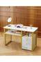 Nail Desk for Tech Salon, Manicure Table with Drawers & Storage Shelf, Professional Nail Technician Workstation, White Marble Finish with Gold Frame, Nail Art Table for Home & Beauty Salon Use(YN128) - 5