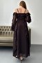 Brown Shoulder Detailed Lined Ruffled Chiffon Dress - 5
