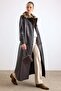 Removable Leopard Pattern Fur Long Leather Trench Coat Brown 6893 - 2