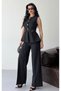 Women's Belt Detailed Gold Buttoned Vest Trouser Suit Black - 2