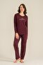 Women'S, Burgundy, Patterned, Long Sleeve Pajama Set (with Socks as a Gift)