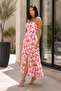 Women's Red Floral Patterned Long Dress with Tie Straps and Slits
