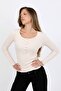 Women's Ivory Long Sleeve Ribbed Buttoned Basic Knitted Blouse - H6162 - 3
