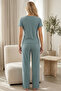 Mint Green Lace Cotton Ribbed Camisole Knitted Pajama Set26120701 - 3