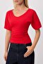 Red Plain Fitted V-Neck Bat Sleeve Three Quarter Sleeve Cotton Stretch Knitted T-Shirt Twoss26Ts00342 - 3