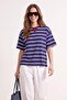 Lacivert Çizgili Oversize/Geniş Kalıp Kısa Kollu Uzun Tok Pamuklu Örme T-Shirt TWOSS26TS00051