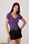 Mor Düz Fitted/Vücuda Oturan V Yaka Standart Kol Kısa Yumuşak Örme Bluz TWOSS26BZ01007
