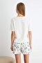 Ecru 100% Cotton Cat Printed Ruffle Knitted Pajamas Set Thmss26Pt00174 - 4