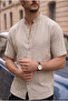 Hakim Collar Muslin Fabric Short Sleeve Shirt - Beige - 4