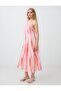 Pink Square Neck Patterned Linen Blend Midi Dress - 2
