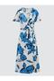 Navy Blue V-Neck Short Sleeve Floral Pattern Knitted Midi Dress - 6