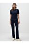 Navy Blue Crew Neck Straight Cut Short Sleeve Print Knitted Blouse - 2