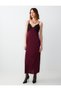 Burgundy Lace Detailed Straps V Neck Woven Long Dress - 4