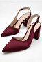 Women's Dark Burgundy Satin Fabric Asymmetrical Banded Pointed Toe Thick Heeled Shoes - 3