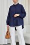 Long Backline Patterned Buttoned Loose Shirt - Navy Blue - 2
