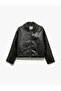 Classic Collar Zippered Leather Look Pocket Detailed Jacket - 3