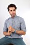 Slim Fit Long Sleeve Court Collar Half Placket Men's Shirt with Gift Box Fs-003687 - Indigo - 3