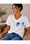 New Season Modal Cotton V-Neck Bow Detailed Stoned Basic T-Shirt Short Sleeve Casual - 5