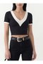 Women's Black Short Sleeve V-Neck Low-Cut Spring Crop Blouse