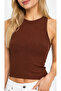 Brown Ribbed Halter Collar Knitted Crop Tank Top - 2
