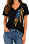 Women's Black V-Neck Shoulder Feather Embroidered 100% Cotton Combed Fabric Short Sleeve Blouse