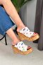 Women's Lady White Denim 10 cm Padded Written Cork Sole Slipper K-401 - 4