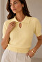 Women's Yellow Polo Collar Buttoned Short Sleeve Viscose Cotton Knitwear Blouse - 2