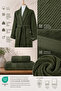 Men's Bathrobe 100% Cotton Certified 3-Piece Shawl Collar Striped Dark Green Bathrobe and Towel Set - 3