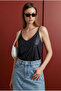 Women's Shiny Black Linen Look Strap Blouse Arm-24Y001064