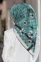 100% twill silk crinkle floral print water green & cream 90x90 scarf. sewing method: hand stitched. - 3