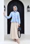Buttoned Blouse with Bow Detail on the Front and Elasticated Sleeves -Blue - 3