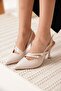 Women's Beige Patent Leather Pointed Toe Slingback Heeled Shoes