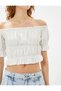 Crop Madonna Neck Blouse Off Shoulder Short Sleeve Ruffle Textured - 5