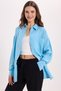 Women's Oversize Wide Cut 100% Cotton Muslin Fabric Long Sleeve Textured Blue Shirt with Pockets - 4