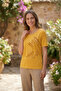 Women's Plus Size Lycra Glitter Printed Short Sleeve Mother T-Shirt Blouse - Mustard - 5