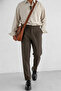 Men's Adjustable Buckle Pleated Fabric Trousers Brown
